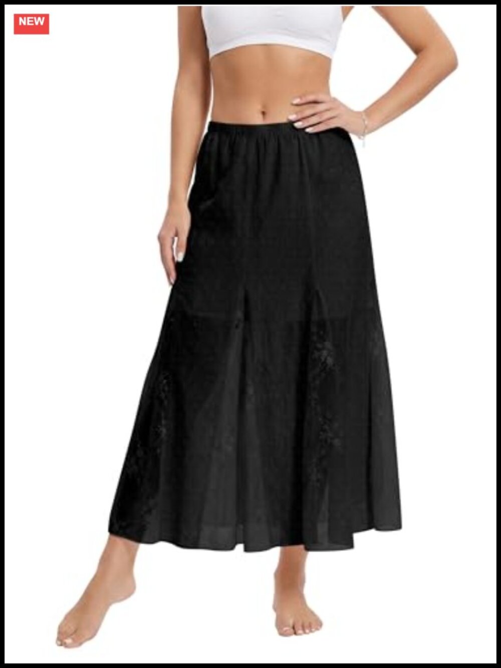 Boho Lace Maxi Skirt Flowy Patchwork High Waisted A-Line Sheer See Through